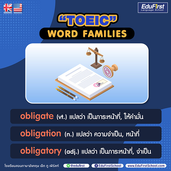 Word Families TOEIC คำศัพท์ภาษาอังกฤษ TOEIC :  obligate (vt.) แปลว่า  เป็นภาระหน้าที่,  obligation (n.) แปลว่า ความจำเป็น, หน้าที่,  obligatory (adv.) แปลว่า  เป็นภาระหน้าที่, จำเป็น - เรียนภาษาอังกฤษ สถาบันสอนภาษาอังกฤษ EduFirst