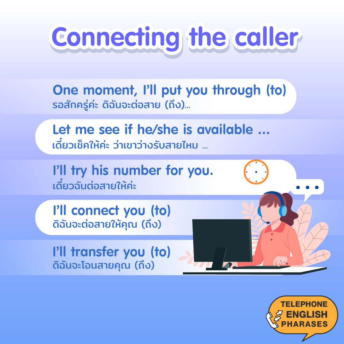 บทสนทนา ภาษา อังกฤษ ทาง โทรศัพท์ ต่อสาย โอนสาย รอสักครู่ English for Telephoning  - Connecting the caller 