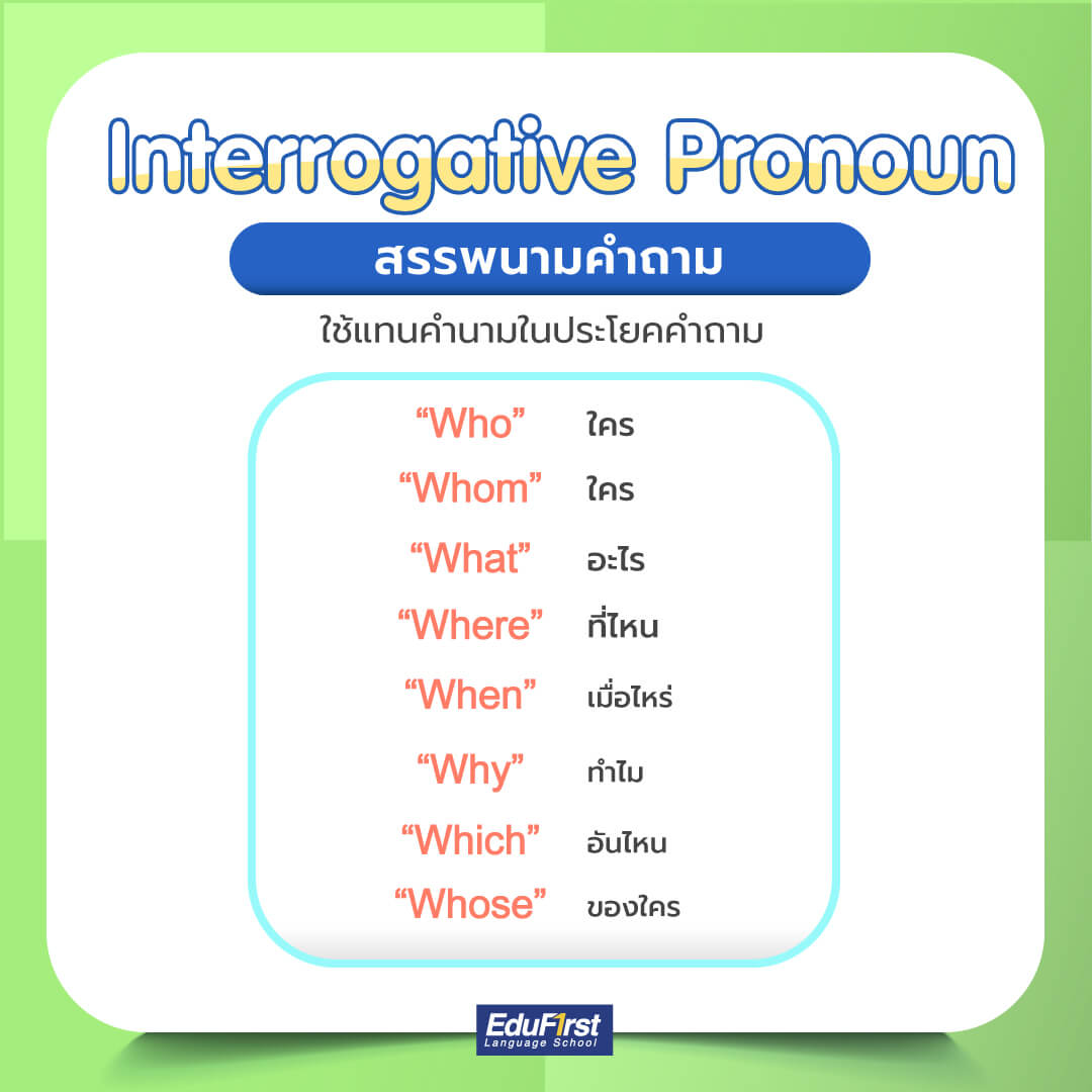 Interrogative Pronoun สรรพนามคำถาม ใช้แทนคำนามในประโยคคำถาม